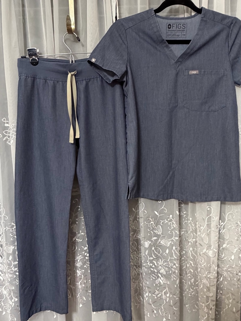 Figs Navy Blue Scrub Top & Pants with Tan Drawstring - XXSP